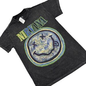 Nirvana Womens Size S Black Wash Happy Face Graphic Print Tee‎ T-shirt NWT